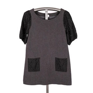 Anthropologie Postage Stamp Black Gray Houndstooth & Lace Tunic Top MEDIUM Twee